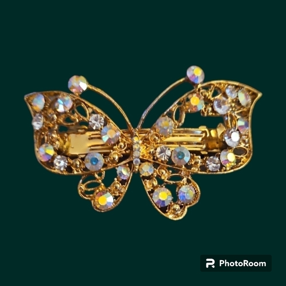 Vintage Fairycore Aurora Borealis Rhinestone Butterfly Barrette